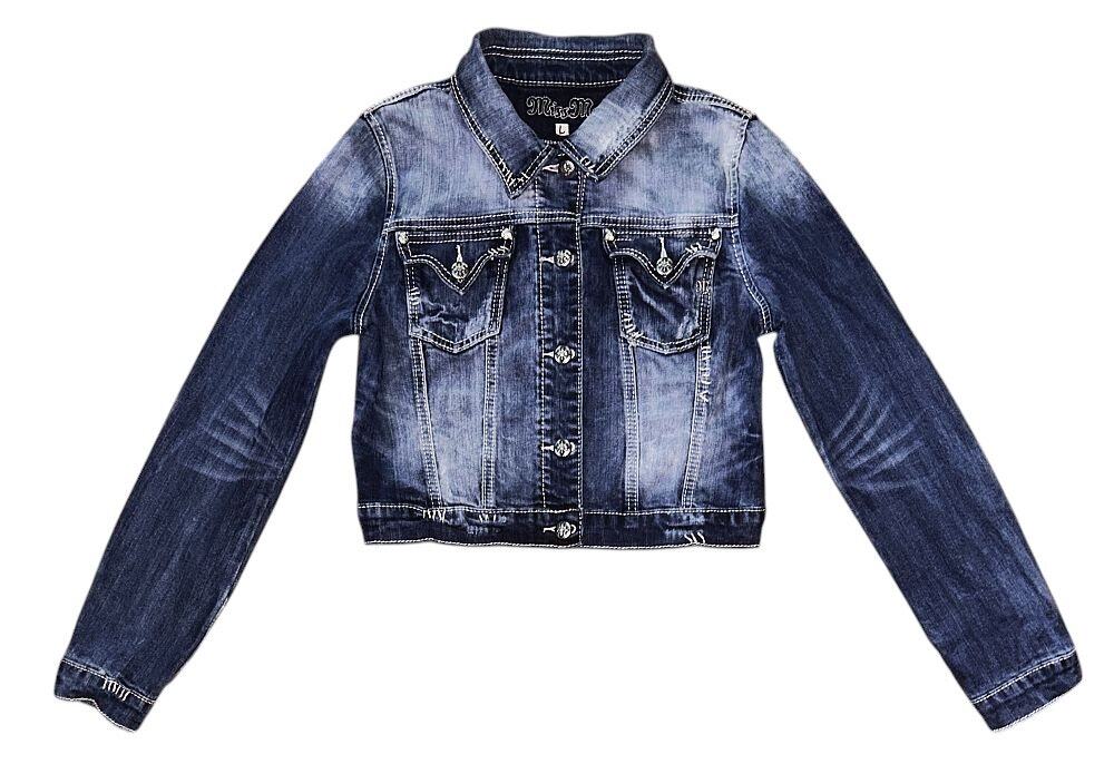 Miss Me Embellished Gothic Cross Cropped Denim Jacket Large